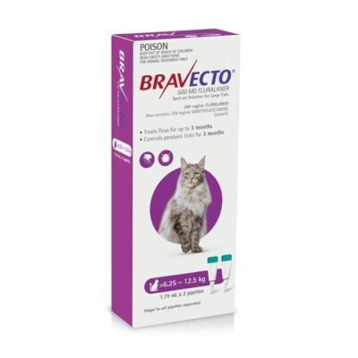 Bravecto 3 Month Protection Spot On for Large Cats (6.25 – 12.5kg) Pipette X 2 – Purple Med One Bravecto 3 Month Protection Spot On for Large Cats (6.25 - 12.5kg) Pipette X 2 - Purple