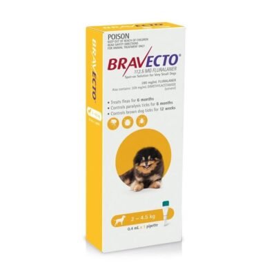 Bravecto 6 Month Protection Spot On for Very Small Dogs (2 – 4.5kg) Pipette X 1 – Yellow Med One Bravecto 6 Month Protection Spot On for Very Small Dogs (2 - 4.5kg) Pipette X 1 - Yellow